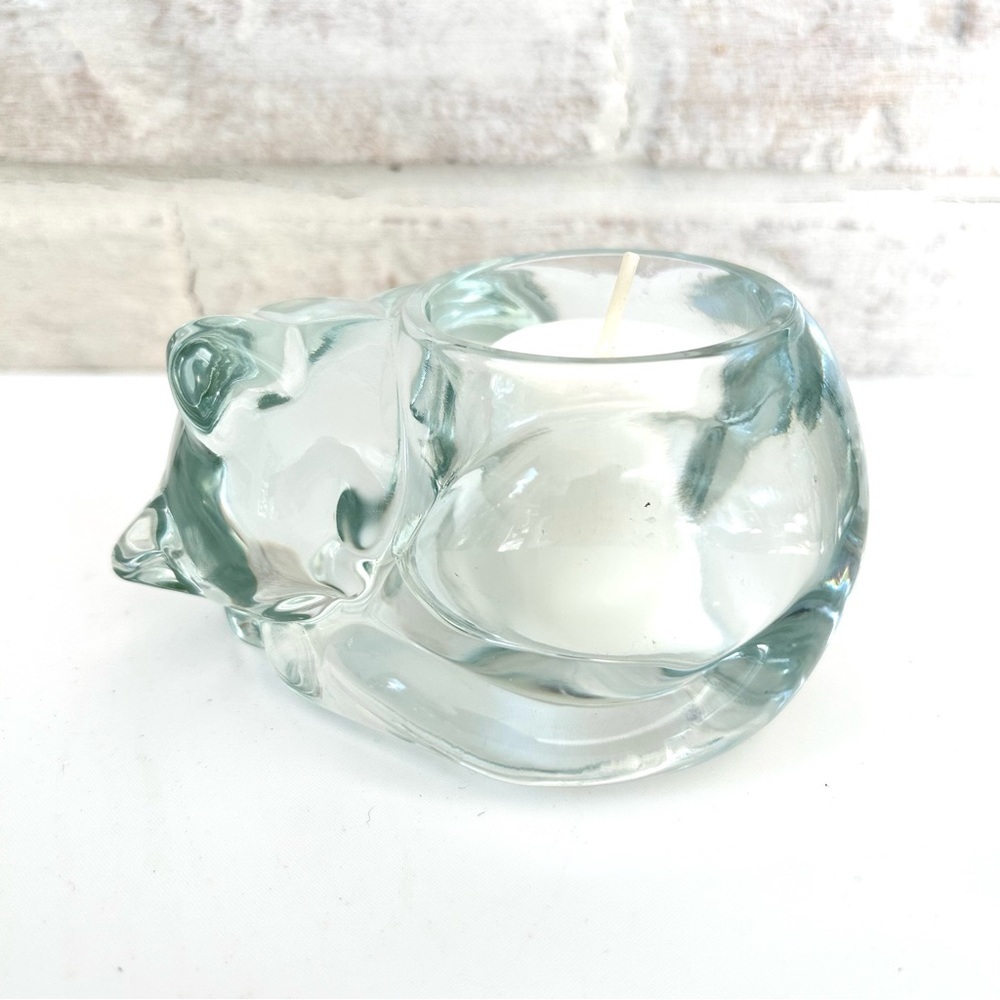 Indiana Glass Crystal Sleeping Cat Candle Votives Clear